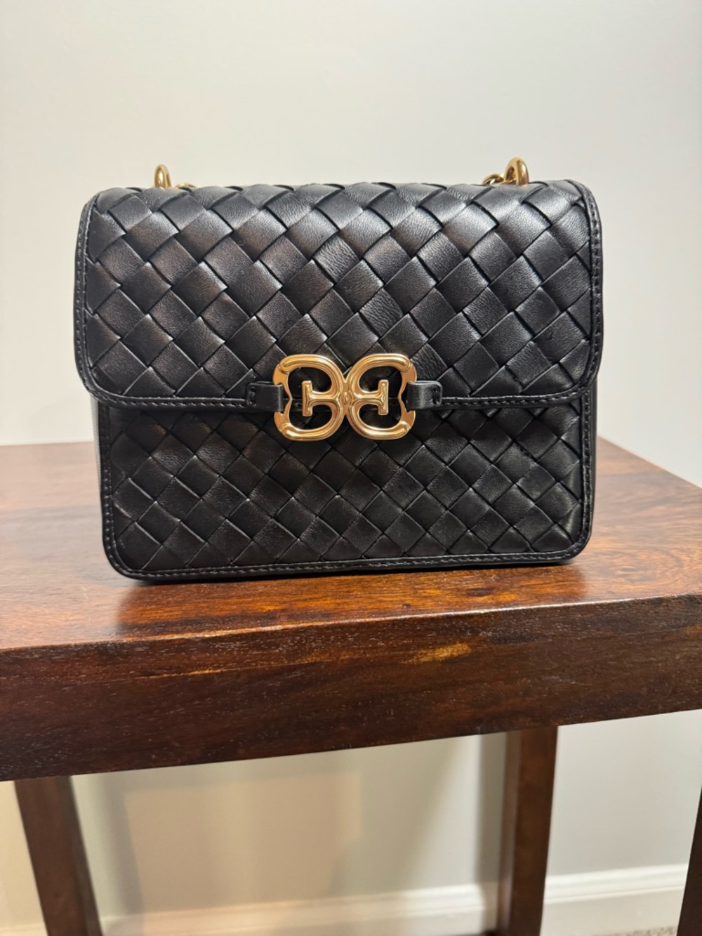 Sam Edelman Leather Black Woven Crossbody with Gold Chain